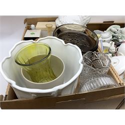 Set of four contemporary Mosa Holland tiles, three further tiles, Grayshott pottery clock, motto ware teacup and saucer, jug and mug, Royal Albert Old Country Roses, Chinese mud men figures, Spode etc and Quantity of ceramics and glassware to include art glass vase, Royal Grafton, Royal Doulton and Colclough dinner wares, Poole, copper lustre, vases etc in six boxes