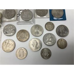 King George VI 1937 crown coin, various commemorative crowns, Queen Elizabeth II Canada 1957 and 1959 fifty cent coins, four Great British five pound coins, United States of America 1964 half dollar etc