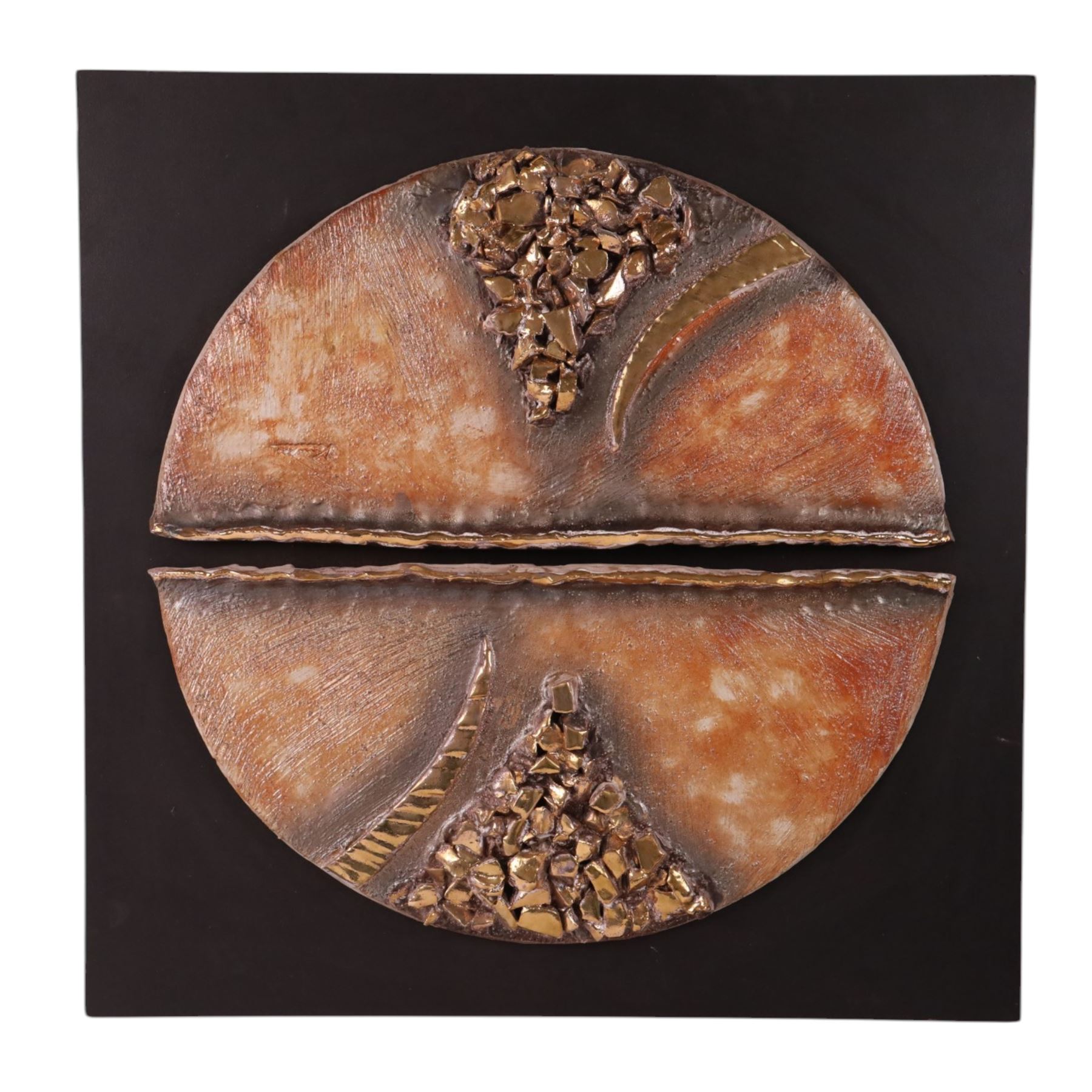 Large ceramic sculpture, two semi circles with abstract gold decoration, upon a black background, indistinctly signed  Studio pottery ceramic sculpture, H60cm 