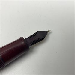 Four fountain pens, each with 14ct gold nibs, comprising Mentmore Paramount, Parker Junior Duofold, Conway Stewart marbleised pen and Waterman's, together with a 14ct gold Conway Stewart 5B nib