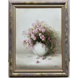 Judith Levin (British 1956-): Still Life of Pink Flowers, oil on canvas signed 39cm x 29cm 