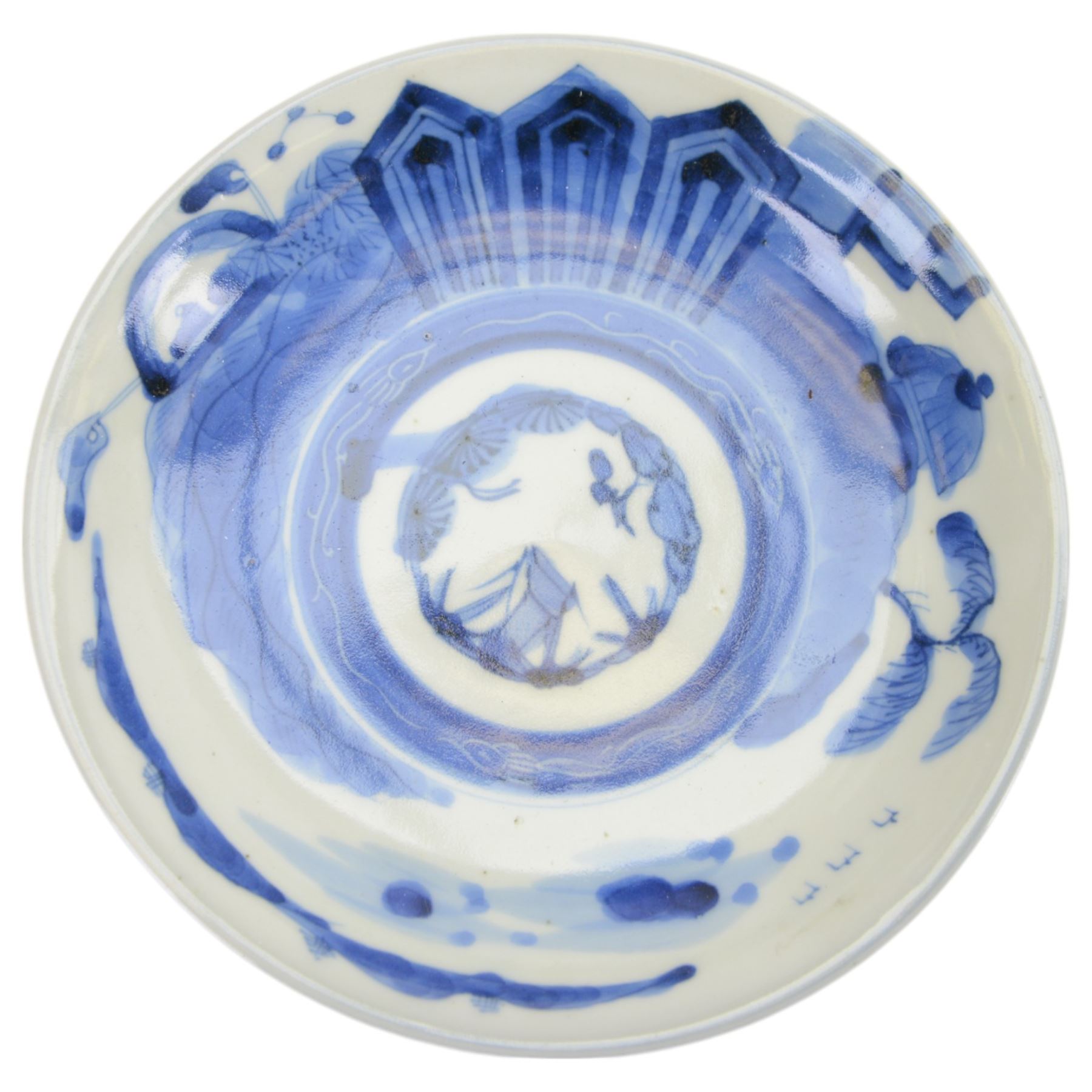 Collection of Japanese and similar ceramics, including pair of Satsuma side plates, decorated with a crowd of figures, blue and white teapot with floral decoration, blue and white vase and plates, etc