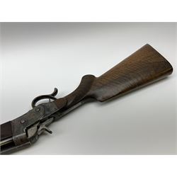 Rare Henry Pieper Liege seven-chambered solid barrel 297/30 calibre rim-fire volley gun with six barrels around a central seventh barrel drilled for simultaneous fire, built on a Remington type rolling block action, blued 62cm barrel with raised rib and twin rear leaf sights, case hardened action complete with loading plate for seven cartridges, walnut stock with chequered pistol grip and fore-end and inset 'silver' cartouche with two Chinese type characters, no.256PLN, L109cm overall