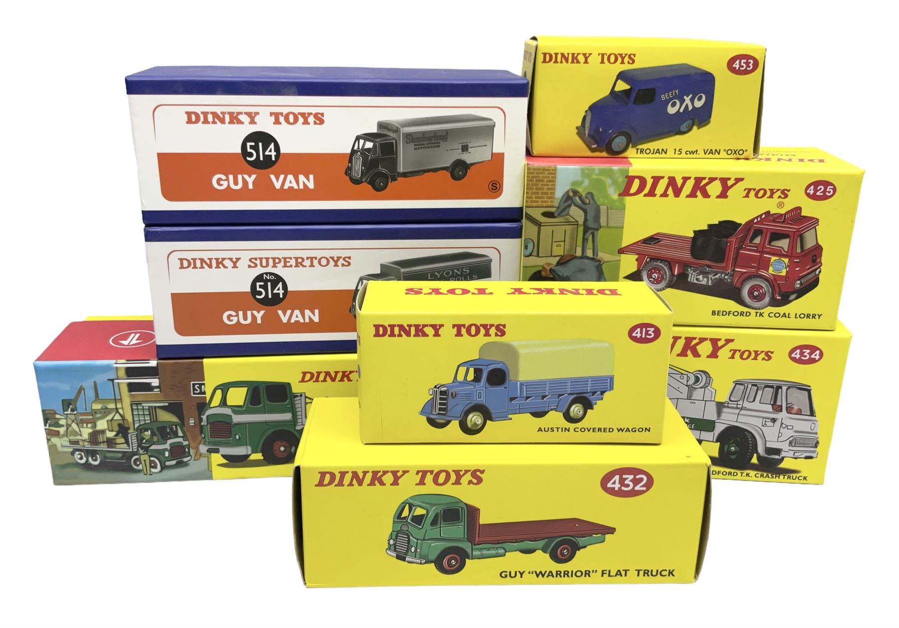Eight Atlas Dinky die-cast models including, Bedford TK Coal Lorry no. 425, Guy Warrior Flat Truck no. 432, two Guy Van no. 514 and four others, all boxed (8)