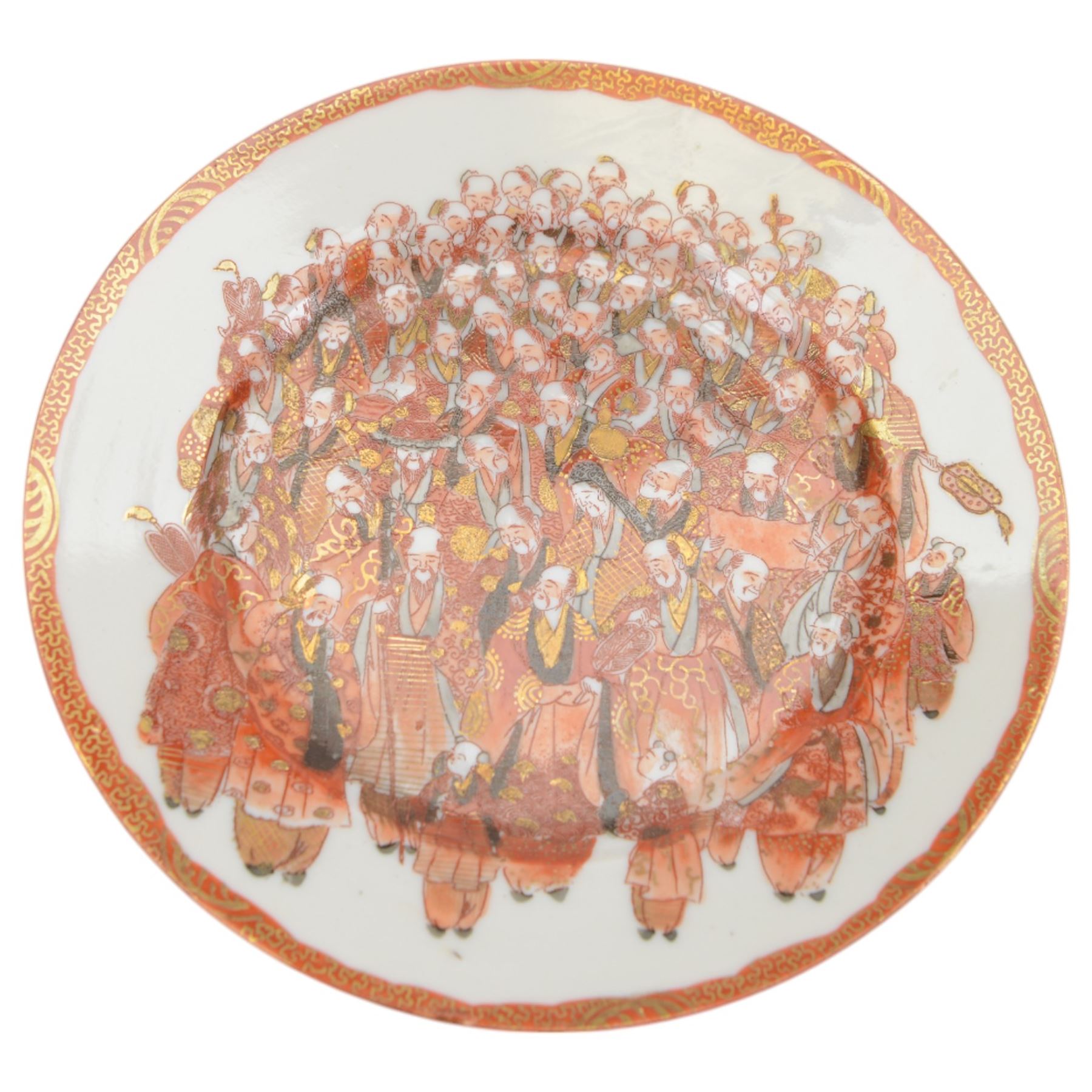 Collection of Japanese and similar ceramics, including pair of Satsuma side plates, decorated with a crowd of figures, blue and white teapot with floral decoration, blue and white vase and plates, etc