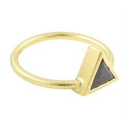 18ct gold black diamond ring, bezel set with a single trilliant cut diamond of approx 0.45 carat, stamped