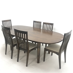 Laura Ashley oval extending hardwood dining table with leaf, square tapering supports (W226cm, H77cm, D115cm) and six high back chairs, upholstered seats, square tapering supports (W49cm)