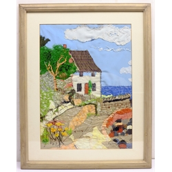 Ann Lamb (British 1955-): Lady Palmer's Cottage Runswick Bay, fabric and hand stitched collage, signed 46cm x 34cm