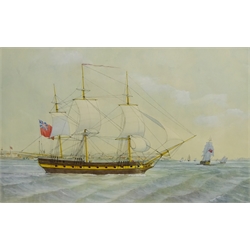  H Hulthen (19th/20th century): British Frigate off the Coast, watercolour signed 30cm x 48cm mao1307  
