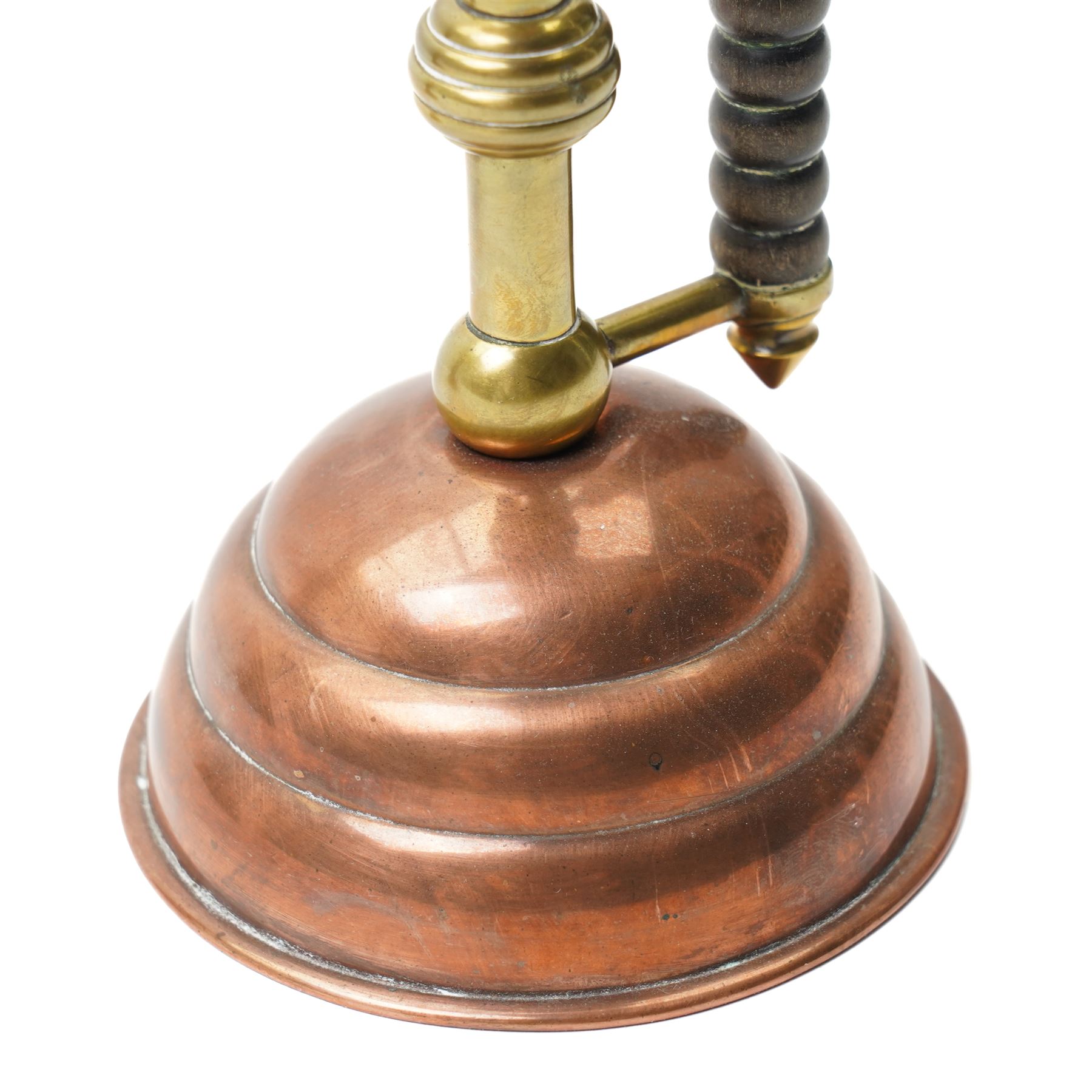 Pair of Arts and Crafts brass and copper candlesticks after a design by Dr Christopher Dresser with bobbin turned hardwood handles on domed weighted bases Rd No.5379 H19cm