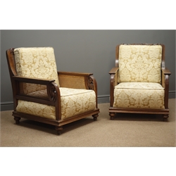  Early 20th century bergere lounge suite three seats sofa (W170cm, D84cm), pair matching armchairs (W71cm), with scrolled acanthus carved cresting rails and arm supports, upholstered in gold Damask pattern fabric  