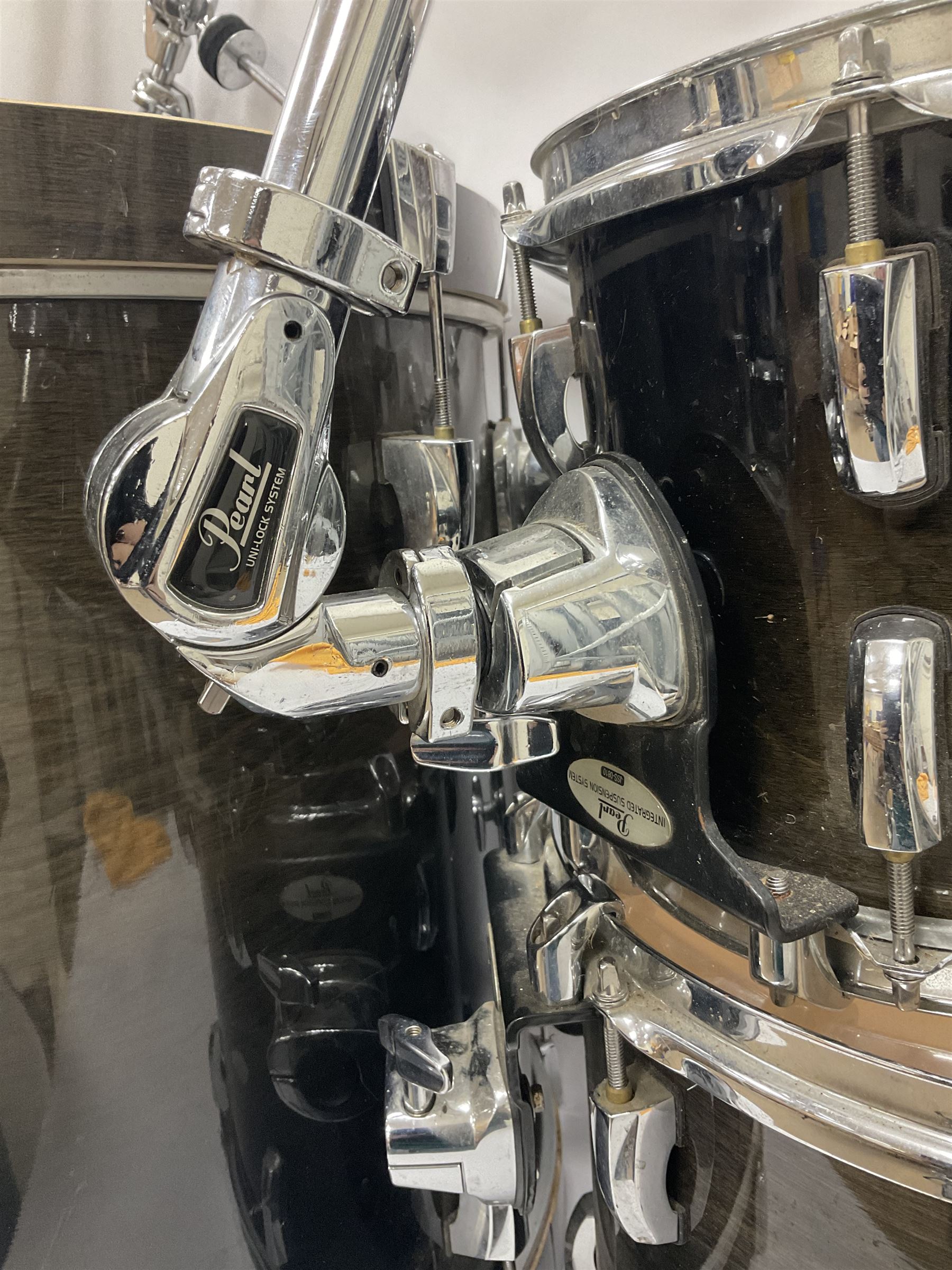 Pearl Vision SST Birch Ply shell four-piece drum kit in black comprising bass drum with foot pedal and three graduated toms; together with Pearl Custom Alloy Sensitone steel snare drum, drum and cymbal stands, microphone stand, stool and various drum sticks 