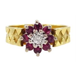 18ct gold ruby diamond cluster ring, hallmarked