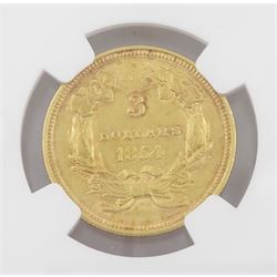 United States of America 1854 gold three dollar coin, encapsulated and graded AU55 by NGC