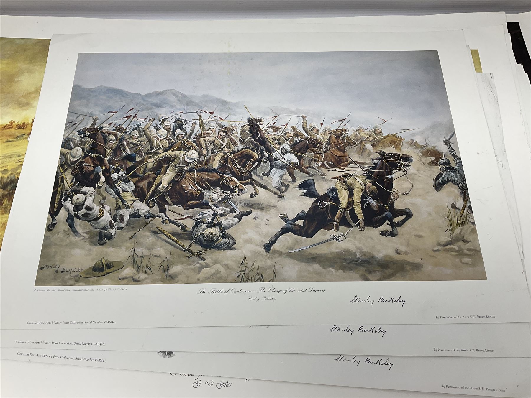 Large poster entitled 'Crests and Badges of the British Army in Daily Use 56 x 86cm; together with twenty-five colour prints of military interest including Crimean War, Boer War, WW2 etc; various sizes; all unframed