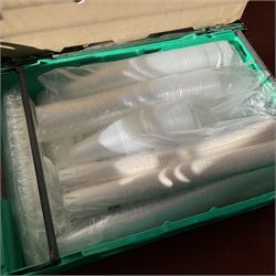 Various takeaway food containers, plastic cups, wooden stirrers, forks, sauce pots and other in 6 trays with dolly - THIS LOT IS TO BE COLLECTED BY APPOINTMENT FROM DUGGLEBY STORAGE, GREAT HILL, EASTFIELD, SCARBOROUGH, YO11 3TX