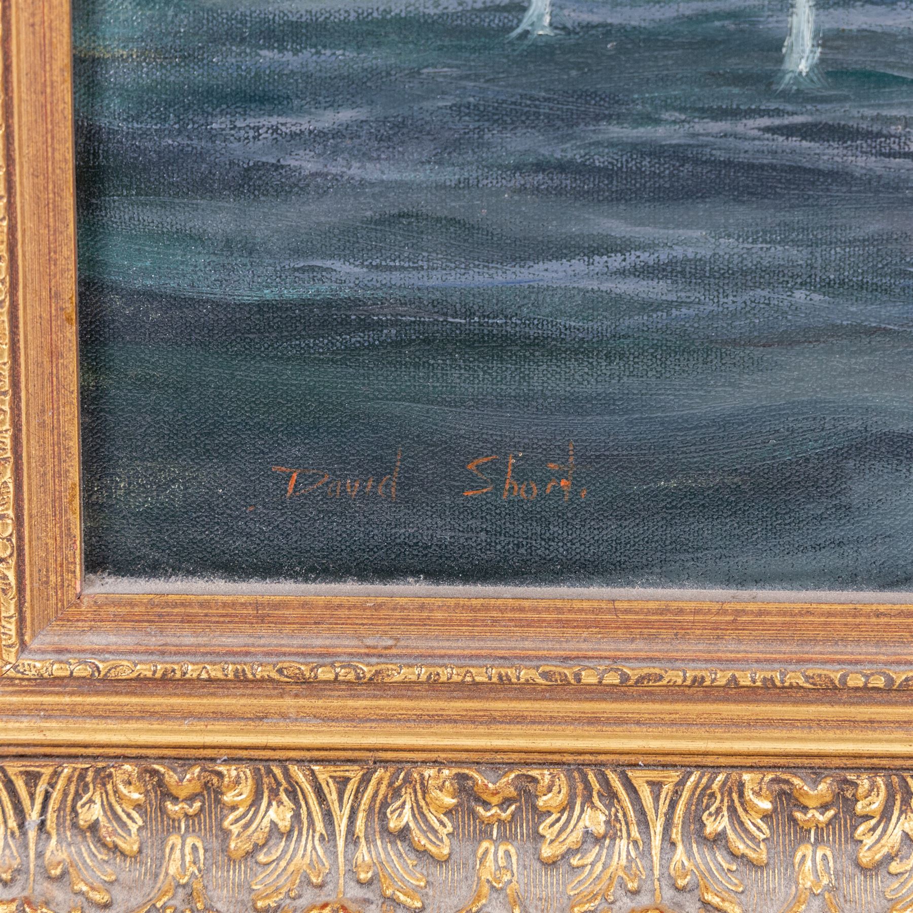 David Short (British 1940-): Ship at Sea, oil on canvas signed 43cm x 59cm