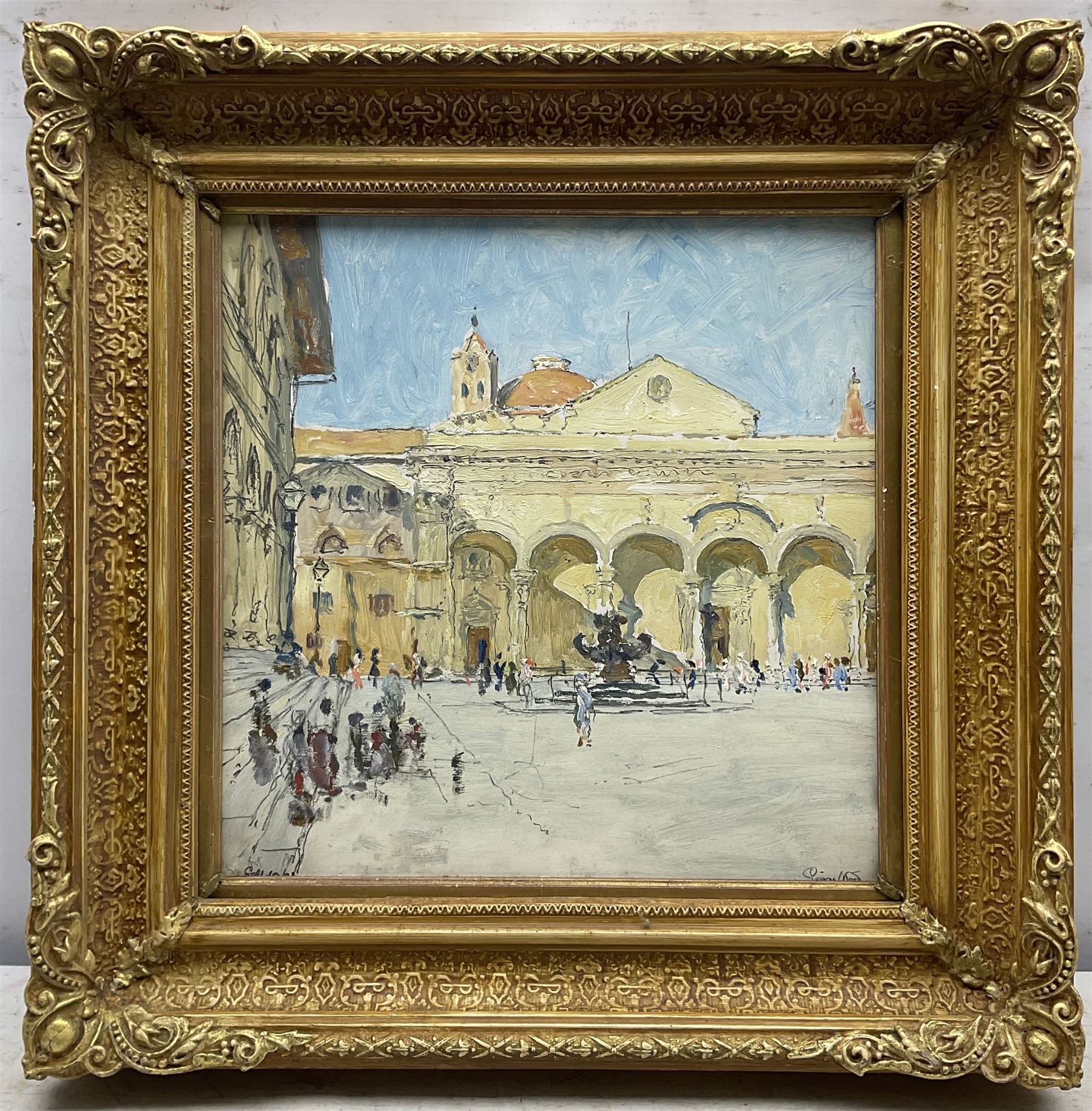 Edgar Wood (British 1860-1935): 'Piazza della Santissima Annunziata - Florence', oil on card signed and dated 1921, inscribed verso 33cm x 32cm