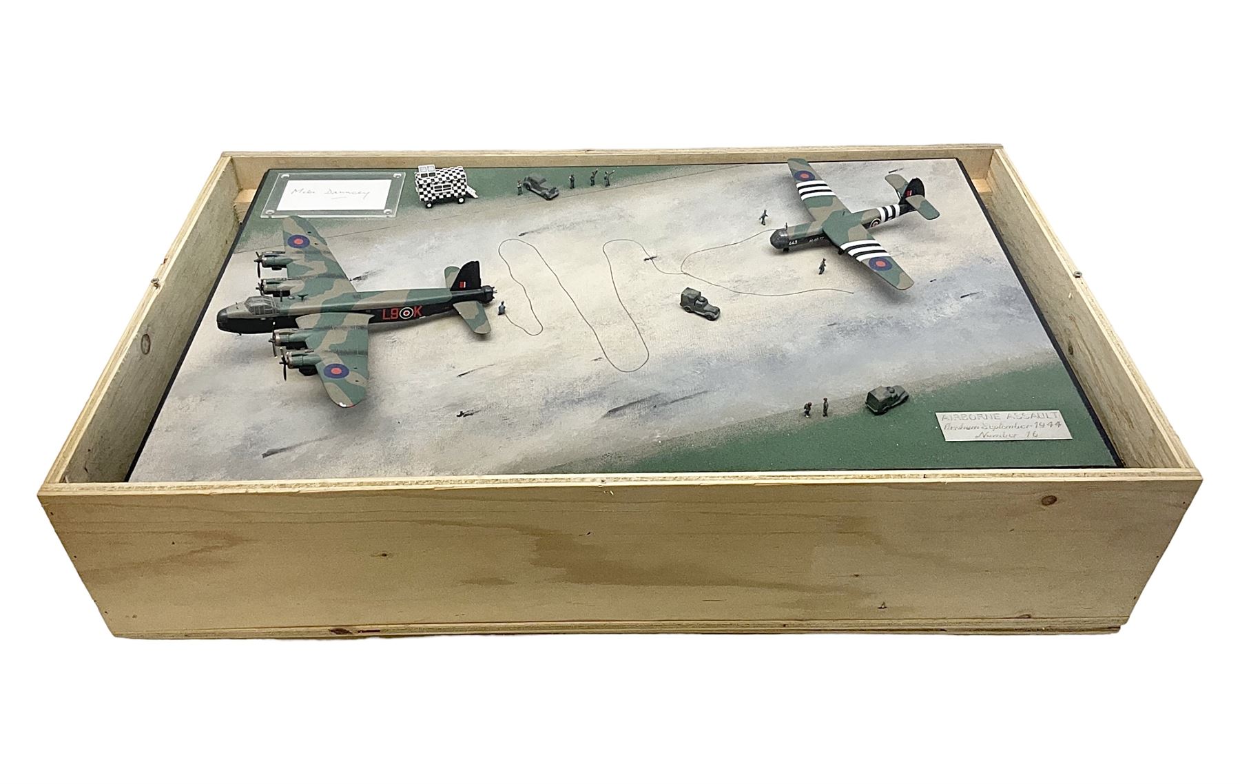 Diverse Images Aircraft Collection hand crafted English pewter model of a Stirling Airborne Assault Diorama with Horsa MKI and Stirling MKIV aircraft; 1:144 scale, signed Mike Daucey; limited edition plaque No.16/50; 36 x 60cm; in wooden box