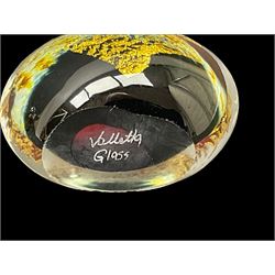 Murano glass cat and figure ina hat, together with tow valletta glass paperweights and bird glass paperweight, cat H20cm 