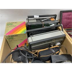 Johnson Bros Indies pattern tea and dinner wares, painted metal female bust on wooden plinth, three radios including one Roberts, Zenit B camera body, Polaroid 1000 land camera, Lorus wristwatch, and other ceramics etc, in four boxes