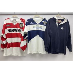 Eighteen Rugby League shirts, including Wigan, Leeds, Warrington and Huddersfield, etc and a Scotland international shirt