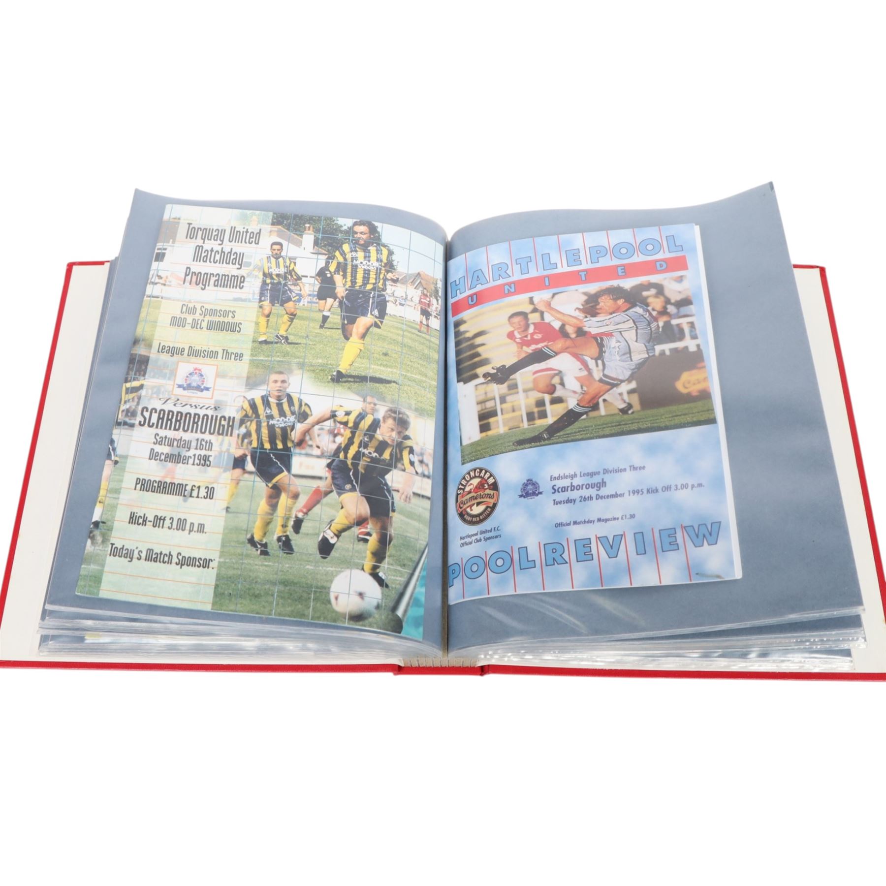 Comprehensive collection of approximately one-hundred and seventy Scarborough FC football programmes for the 1993/94, 1994/95 and 1995/96 seasons, all filed within six dedicated Scarborough FC red Home and Away binders