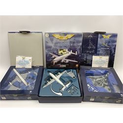 Five Corgi Aviation Archive 1/144th scale aircraft - 47301 Battle of Britain Avro Lancaster, limited edition AA31201 Military Avro Vulcan No.1657/2300 with certificate, limited edition 48505 Military DH Comet 4C No.3000/4000, 47506 Military Lockheed Constellation and 48101 Classic Propliners Boeing Stratocruiser Panm Am; all boxed