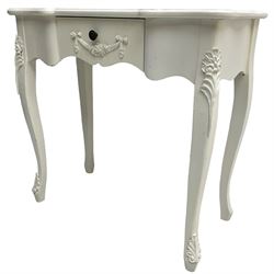 French design white painted console table, shaped top, fitted with single drawer with applied swag decoration, raised on cabriole supports decorated with foliate mouldings