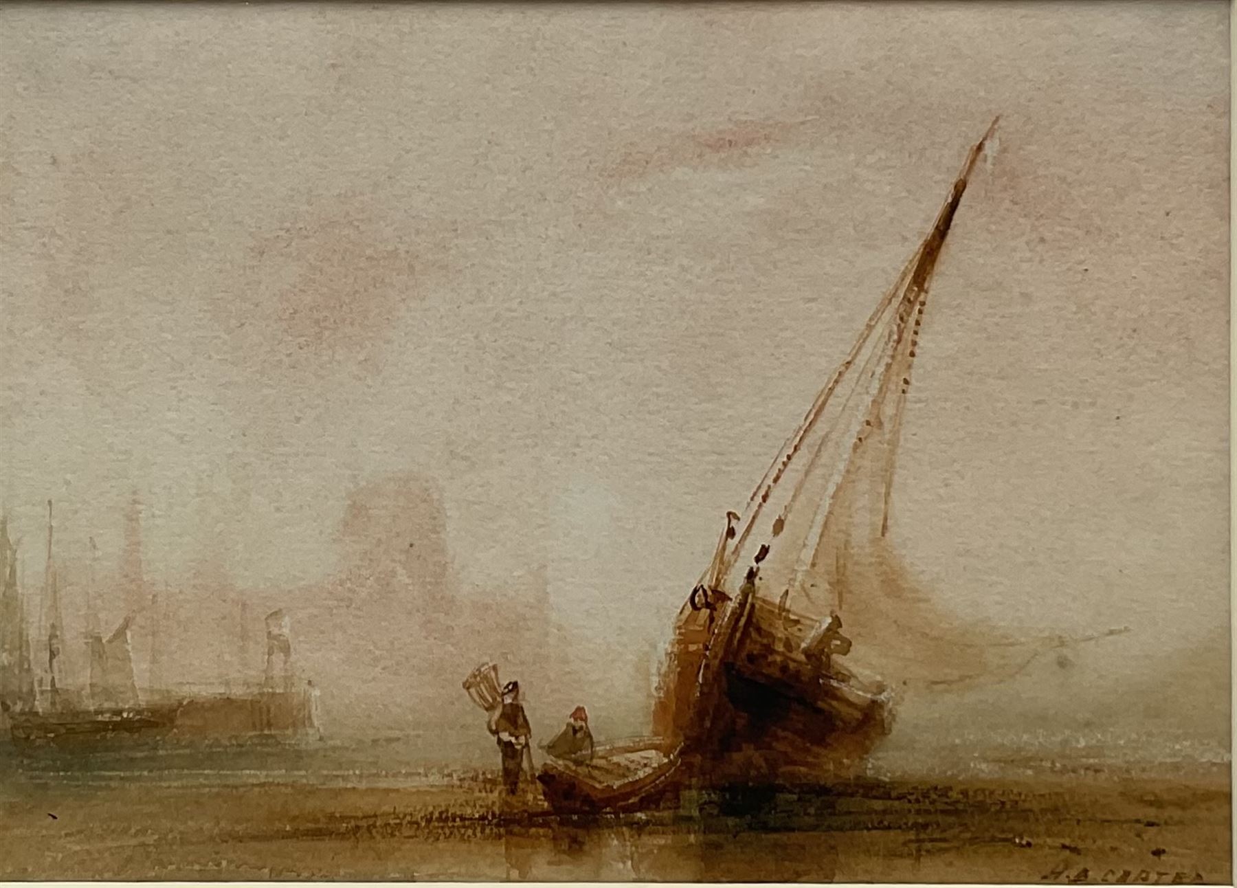 Henry Barlow Carter (British 1804-1868): Fishing Boat on the Beach at Low Tide 'Peel Castle Isle of Man', watercolour signed, titled verso 12cm x 16.5cm 
Provenance: part of a large North Yorkshire single owner life time collection of H B & J N Carter watercolours; with Abbott & Holder, Museum St., London, label verso