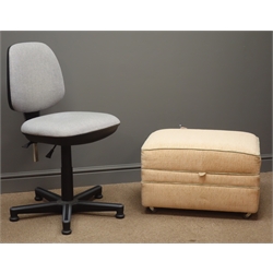  Adjustable upholstered swivel desk chair (W50cm, D50cm) and one hinged upholstered footstool (W65cm, H40cm, D49cm)   