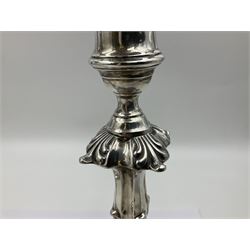 Pair of late Victorian silver mounted candlesticks, each of knopped and part fluted form, upon square stepped base with anthemions to each corner, with conforming sconces, hallmarked to removable sconces and foot, Thomas A Scott, Sheffield 1901, H25.2cm