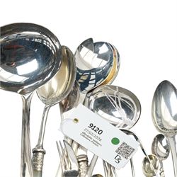 Pair of early 19th century silver sugar tongs, silver dessert spoon, silver tea spoon and various items of plated cutlery