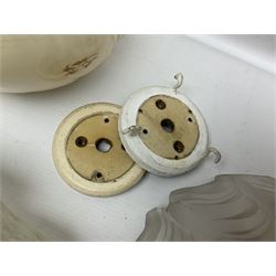 Two Art Deco mottled glass fly catcher ceiling light shades, together with two other 1930s moulded glass ceiling light shades and two Victorian style wash jugs, largest shade D33cm