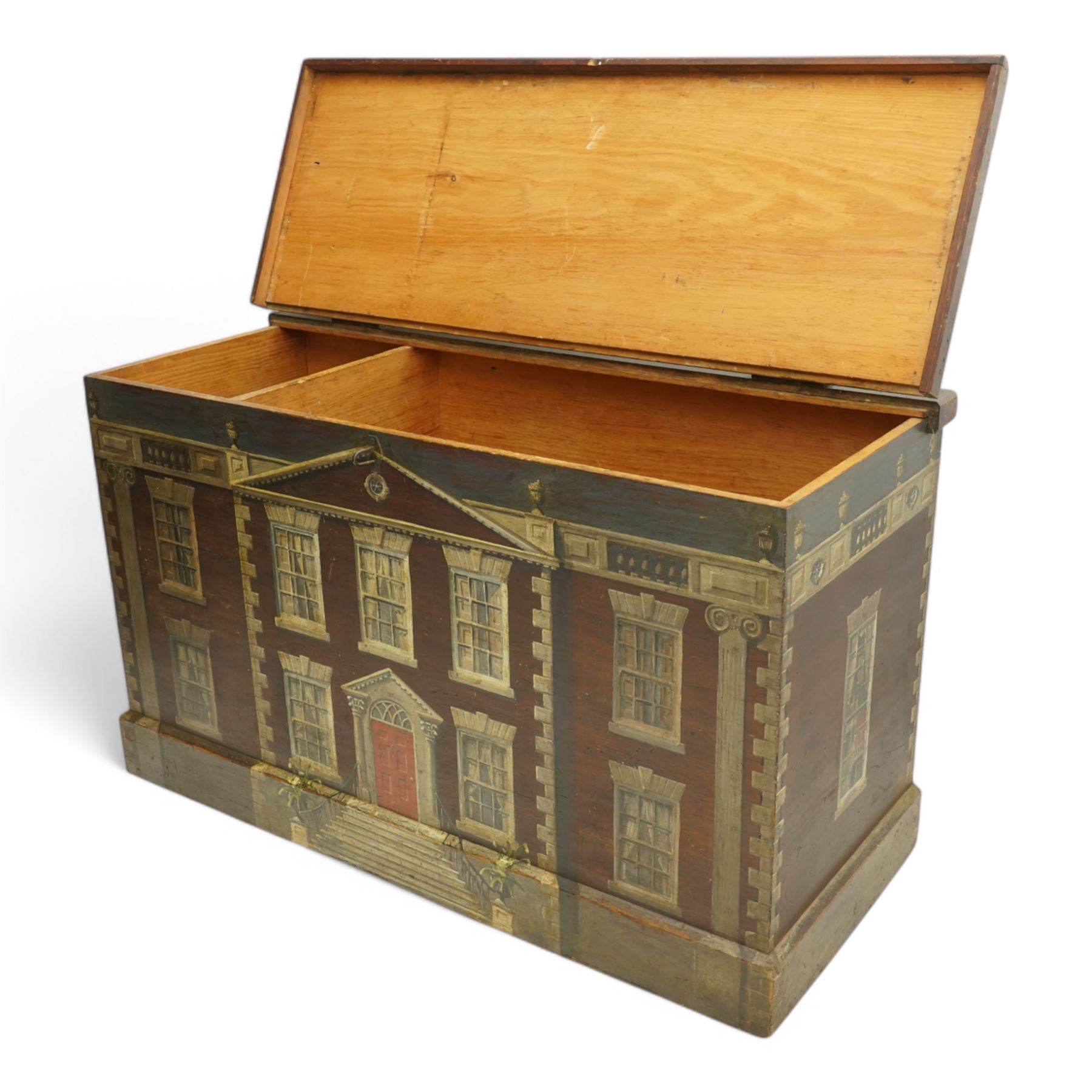 19th century camphor wood blanket box, hinged lid enclosing division, on chamfered plinth base, painted to represent a Georgian town house, fitted with iron strap hinges 