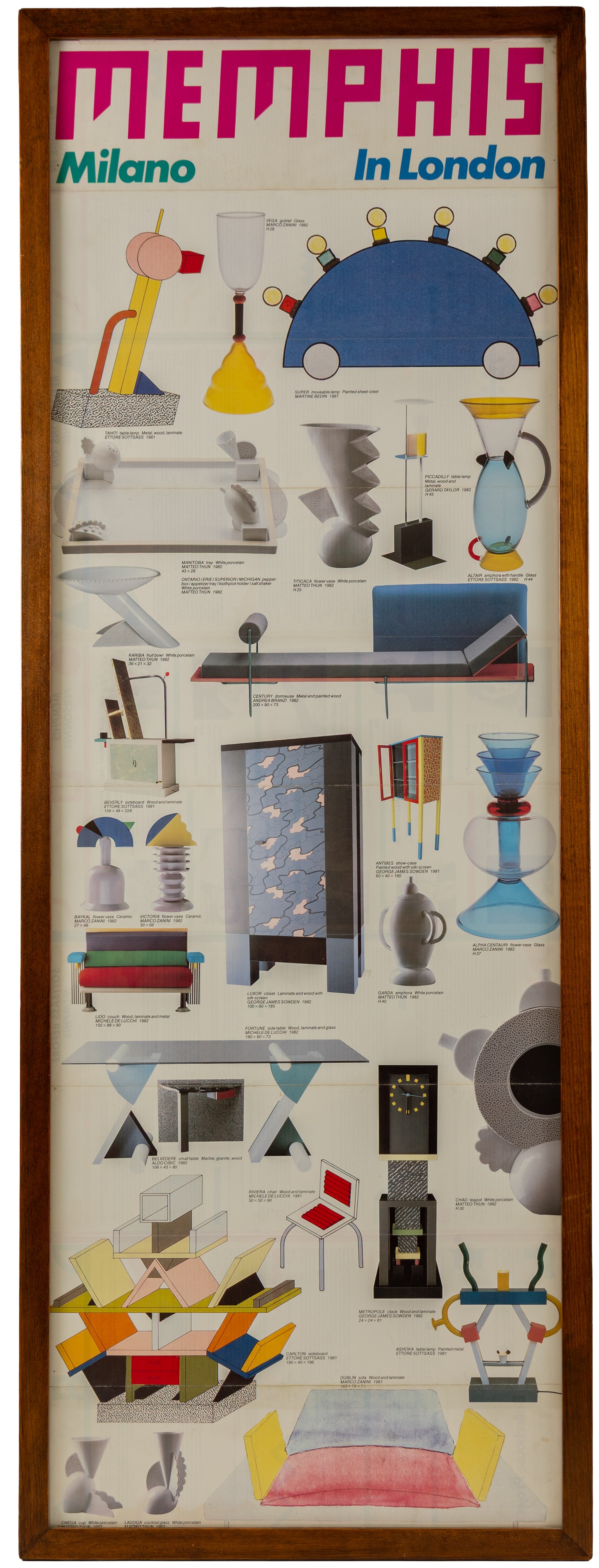 Memphis Milano in London promotional double-sided brochure, signed by Ettore Sottsass, framed 99cm x 34cm
Notes: Memphis Milano was an Italian architecture and design group, founded in 1981 by Sottsass. This exhibition was held at The Boilerhouse Project (a design gallery within the Victoria and Albert Museum) from 1982-83. The Boilerhouse Project later became The Design Museum, firstly at Shad Thames and then Kensington in 2016.