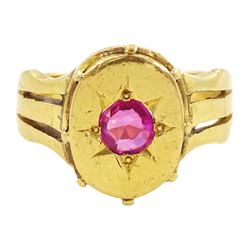 19th / early 20th century 21ct gold gypsy set, single stone round cut ruby ring, ruby appr...