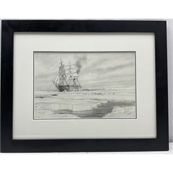 John Steven Dews (British 1949-): Steamer Breaking the Ice in the Arctic , pencil, signed and inscribed '1980 Amoco Calendar sketch Seven' verso 19cm x 29cm
Provenance: in the autumn of 1979 Steven accepted a commission from Amoco to execute twelve pictures for their 1980 calendar to reflect the development of the ocean-going vessel from Drake's 