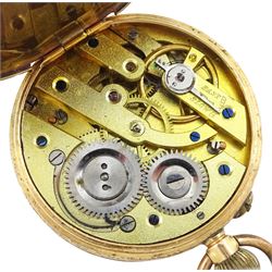 19th / early 20th century 14ct gold keyless cylinder fob watch, white dial with Roman numeral hour markers, back case with engraved foliate decoration, stamped K14 with squirrel hallmark, on gold T bar brooch