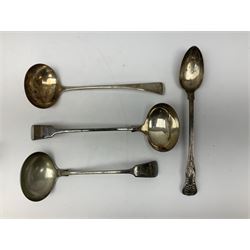 Two silver plated Fiddle pattern soup ladles, a silver plated Old English pattern soup ladle, and a silver plated Kings pattern basting spoon, (4)