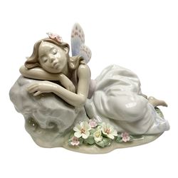 Lladro Privilege figure, Princess of the Fairies, modelled as a fairy asleep upon a rock, no 7694, sculpted by Joan Coderch with original box and drawing, H11cm