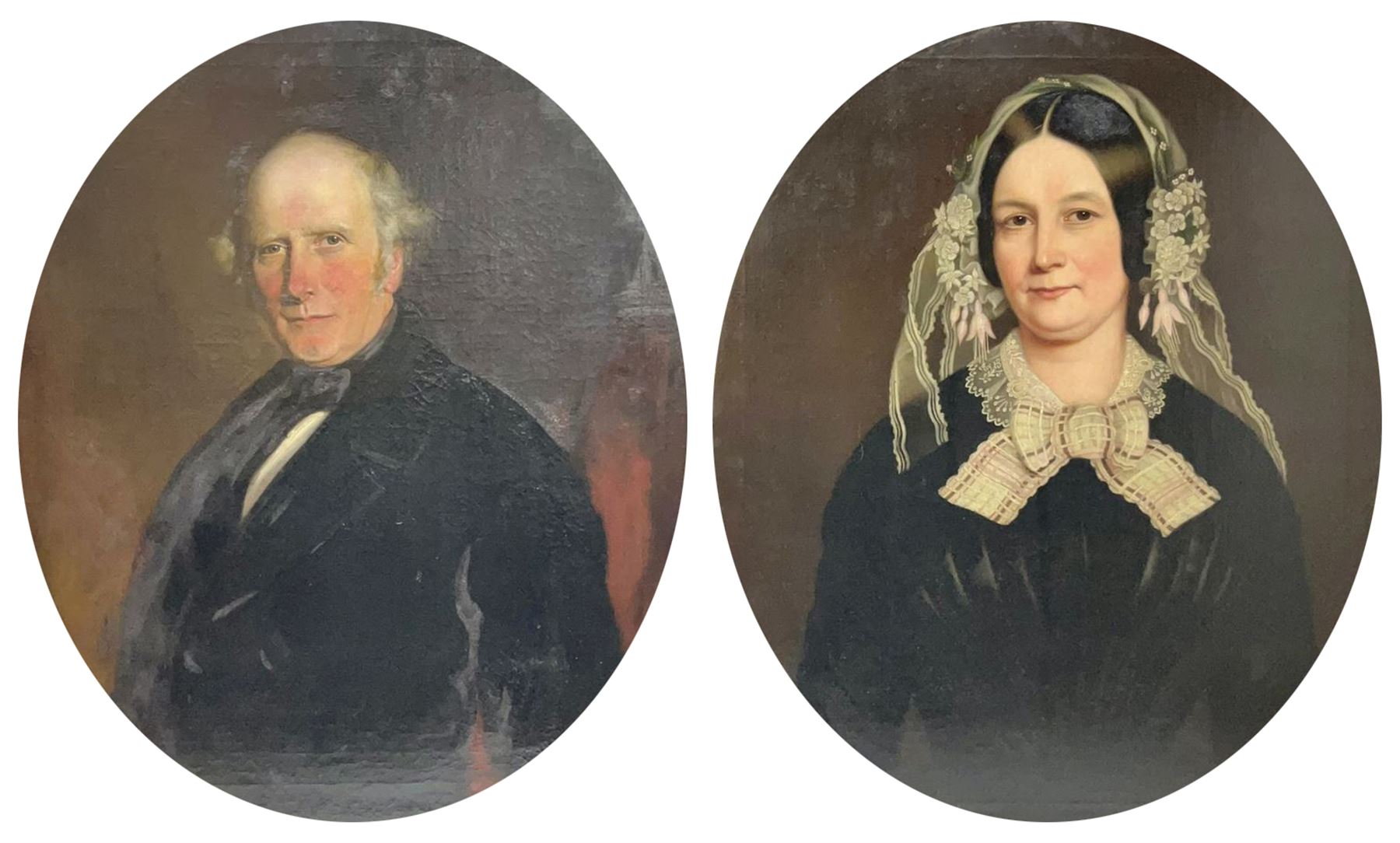 Mrs Richard Hardey (Hannah Maria Hudson) (Hull 1815-1865): George Earle (1782-1863) and Mary Foster - Half Length Portraits, pair oval oils on canvas, the latter signed and dated 1854 verso 74cm x 62cm (2) 

Notes: Hannah Maria Hudson, daughter of Wesleyan Minister Revd. Benjamin Brook Hudson and his wife Hannah, was born in Dumfries in 1815, but soon moved to Barrow upon Humber where her father was a minister. She married Mr Richard Hardey (1816-1889) on 23rd April 1840 and the couple moved to Hull. Hannah worked as a talented, if relatively unknown, portrait painter, working under the name of 'Mrs Richard Hardey'. Sadly, Hannah developed breast cancer and died in January 1865, while Richard went on to work as a successful portrait photographer. 

George Earle Jnr was the son of George Earle Snr (1748-1827), who migrated to Hull c.1777 and established himself as a stonemason, architect and speculative builder, and Mary Hargrave, daughter of stone mason and carver-gilder, Jeremiah Hargrave. George Jnr. married Mary Foster at St Mary's Church, Sculcoates on 19th February 1811, and, alongside his brother Thomas, established a business as Hull merchants who were, for a time, the town's leading importers of slate, stone, and Italian marble. In the 1851 census, he is listed as a 'Merchant, Ship Owner & Cement Manufacturer'. George Jnr's nephews Charles Foster Earle (1819-1870) and William Joel Earle (1824-1871) would go on to found C and W Earle (Earle's Shipbuilding) in 1845, having bought the Junction Foundry from James Livingston who built the first iron steam packet in 1831.
