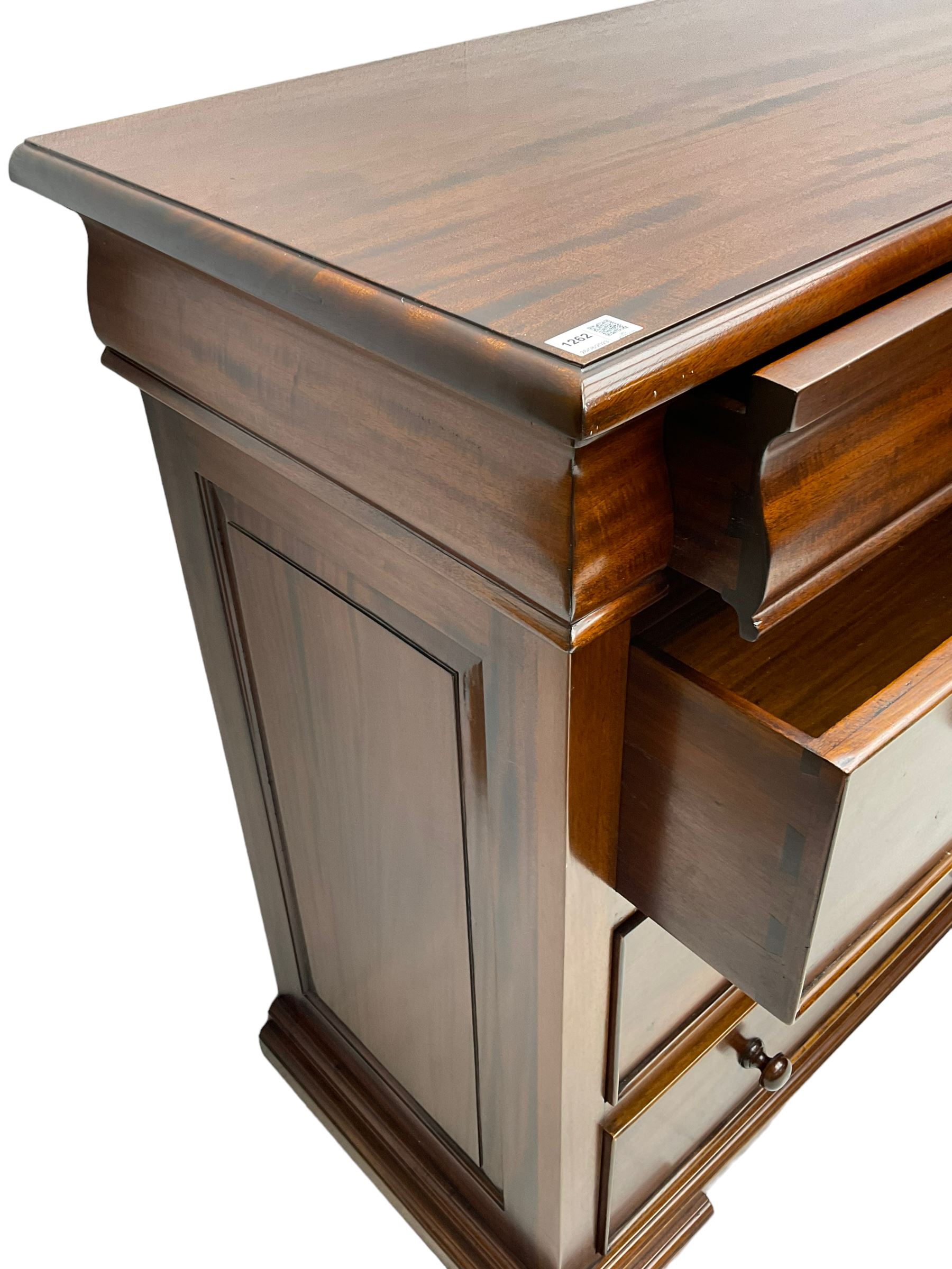 Barker & Stonehouse - 'Grosvenor' mahogany four drawer chest, moulded rectangular top over moulded frieze drawer and three long cock-beaded drawers, on bracket feet