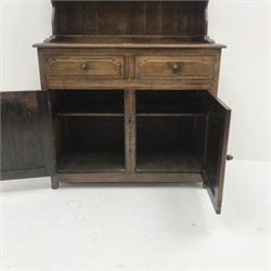 Victorian style oak dresser, raised two tier plate rack above two drawers and two cupboards, stile supports, W96cm, H165cm, D42cm