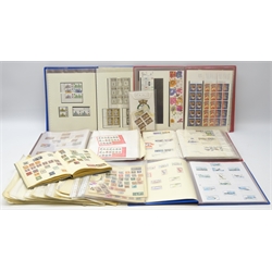  Collection of Great British and world stamps including Queen Elizabeth II, blocks of four with margin, FDCs, presentation packs etc in six albums/folders and loose on album pages  
