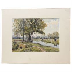Alexander 'Alec' Carruthers Gould (British 1870-1948): River Landscape with Boat and Cows, two watercolours signed max 25cm x 36cm (2)