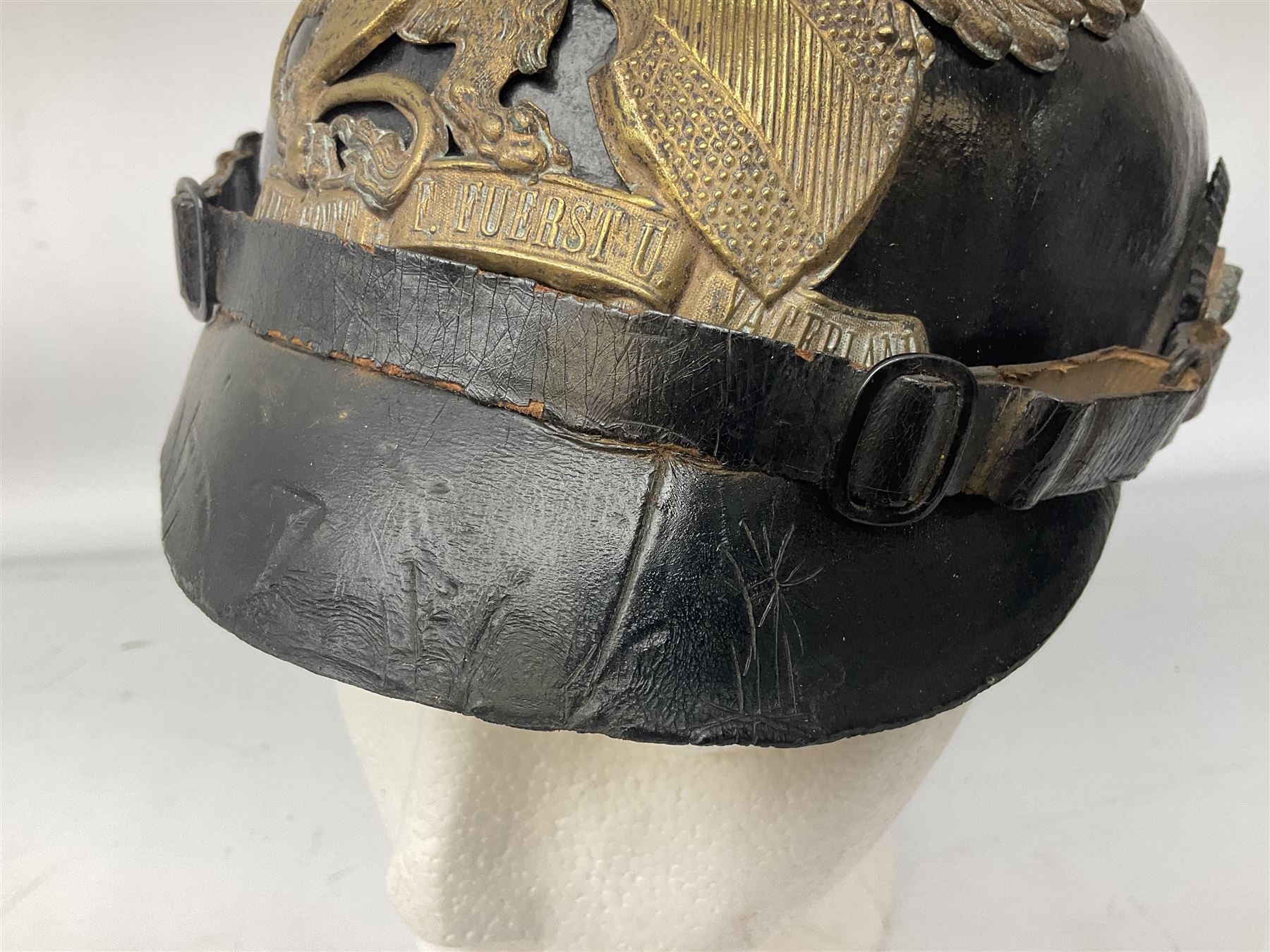 WW1 German leather Pickelhaube helmet with brass plate for Baden regiment, leather strap and leather part only of liner