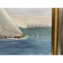 Michael J Whitehand (British 1941-): Racing Yachts off a Castle, oil on canvas signed 79cm x 99cm