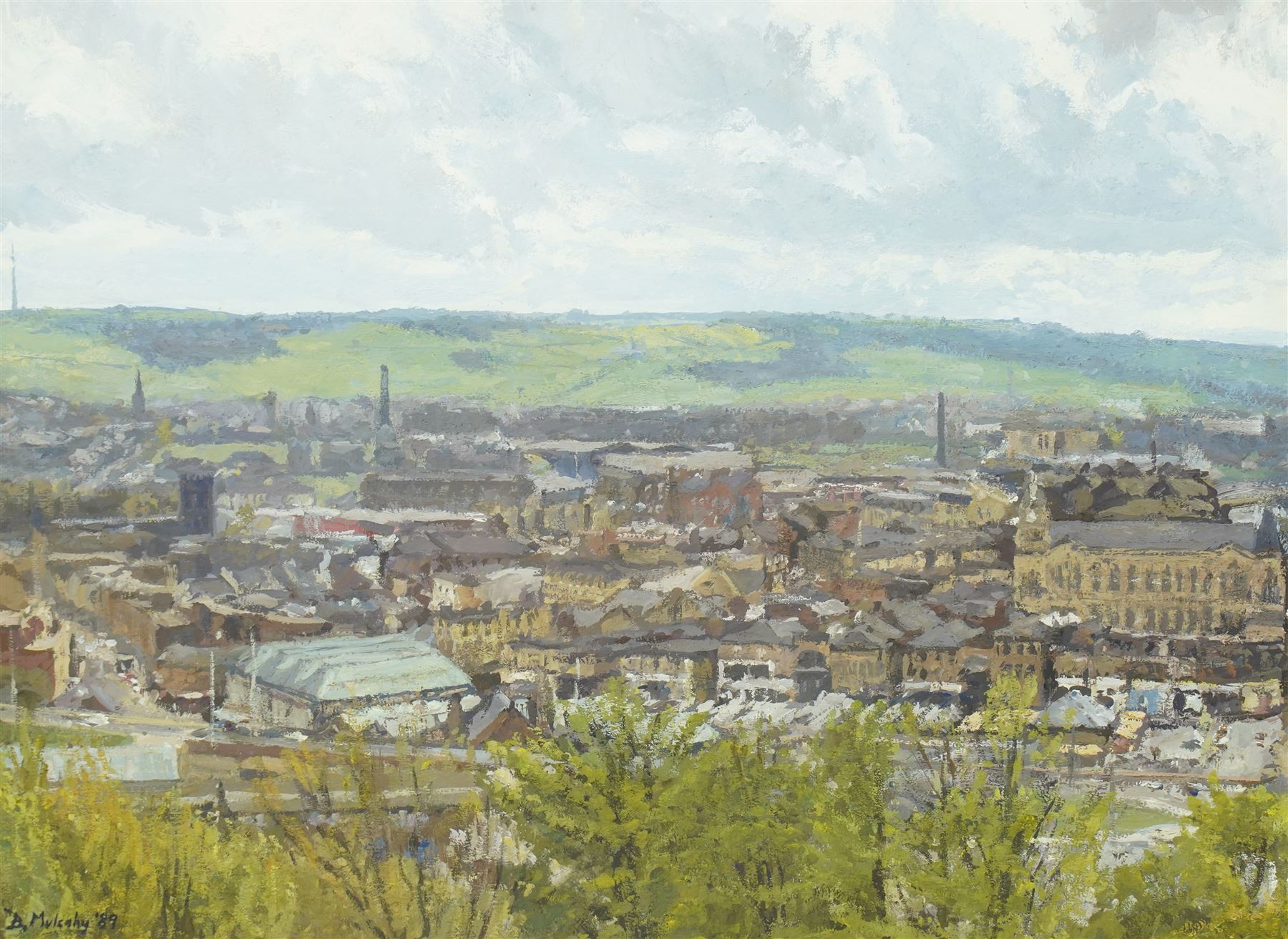 Bruce Mulcahy (West Yorkshire 1955-): 'Dewsbury from Caulms Wood', gouache signed, titled on artist's address label verso 29cm x 40cm