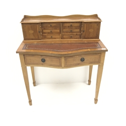 Regency style yew wood ladies writing desk, raised back with two cupboards flanking six stationery drawers, inset leather top above two drawers, square tapering supports on spade feet (W9cm, H104cm, D52cm) and matching filing chest, leather inset top, two drawers (W53cm, H78cm, D61cm) (2)  